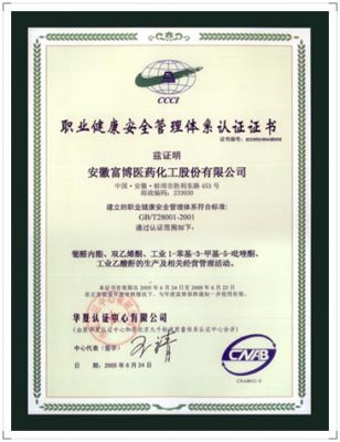 GB/T28001-2001职业健康安全管理体系认证证书